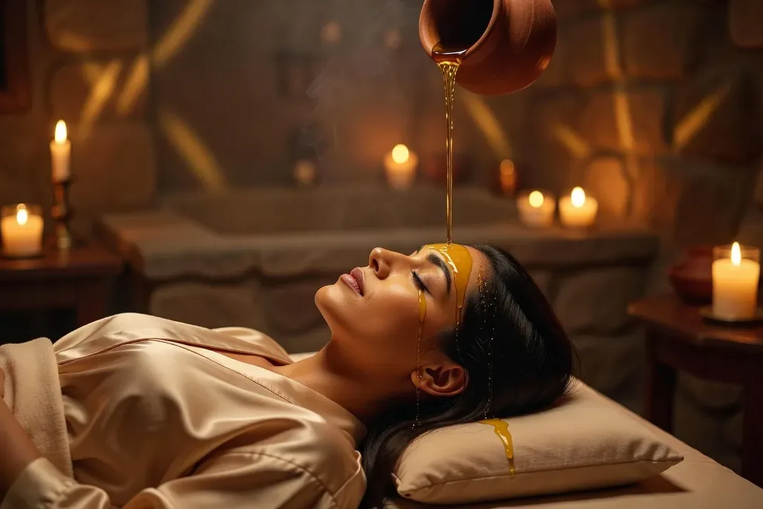 Femme recevant un Shirodhara — flux d'huile chaude sur le front, expression apaisée