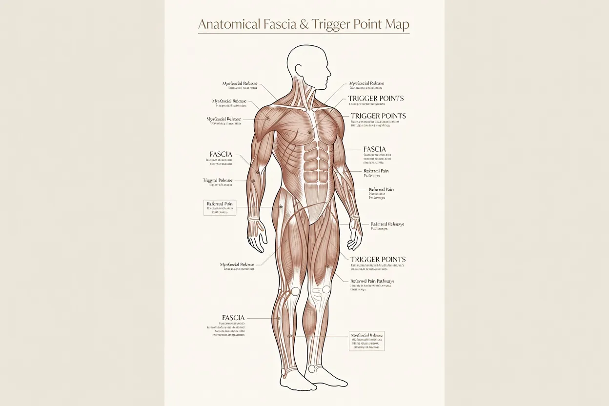 Affiche anatomique illustrant fascias et trigger points sur le corps humain, style médical élégant