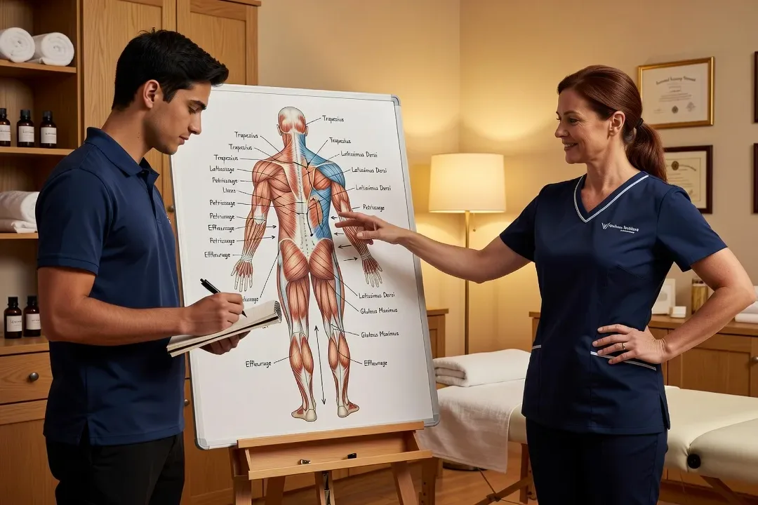 Praticien expliquant une technique de massage à un apprenti sur un schéma, contexte pédagogique bien-être