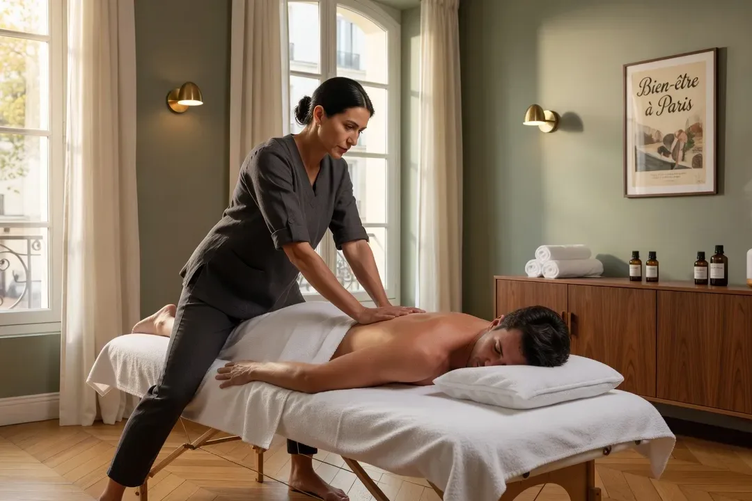 Sportif recevant un massage deep tissue sur les ischio-jambiers, technique du coude, studio Paris