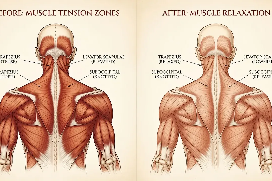 Illustration comparant tension musculaire avant/après deep tissue, palette terracotta et crème