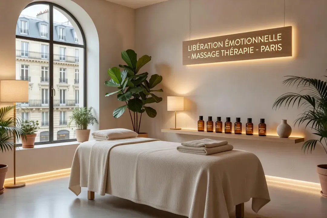 Espace de massage émotionnel — lumière tamisée et présence bienveillante