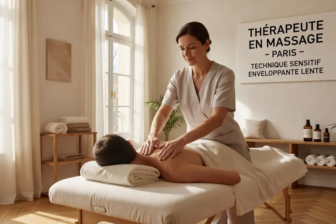 Sophie Lardenet lors d'une séance — toucher lent et présence sensorielle