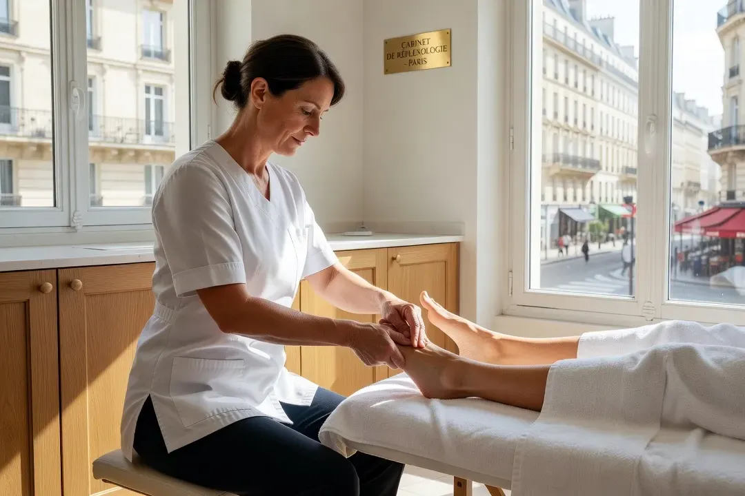 Isabelle Moreau en séance de réflexologie — précision du toucher