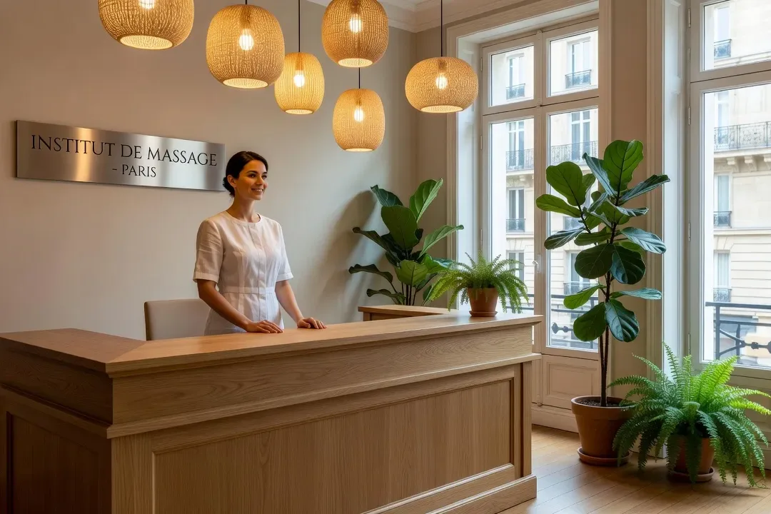 Accueil d'un espace de massage parisien — lumière chaude, praticien en uniforme blanc, décor sobre et élégant