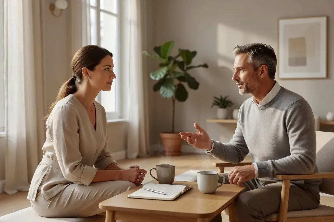 Séance de consultation entre praticien et client dans un studio bien-être contemporain à Paris