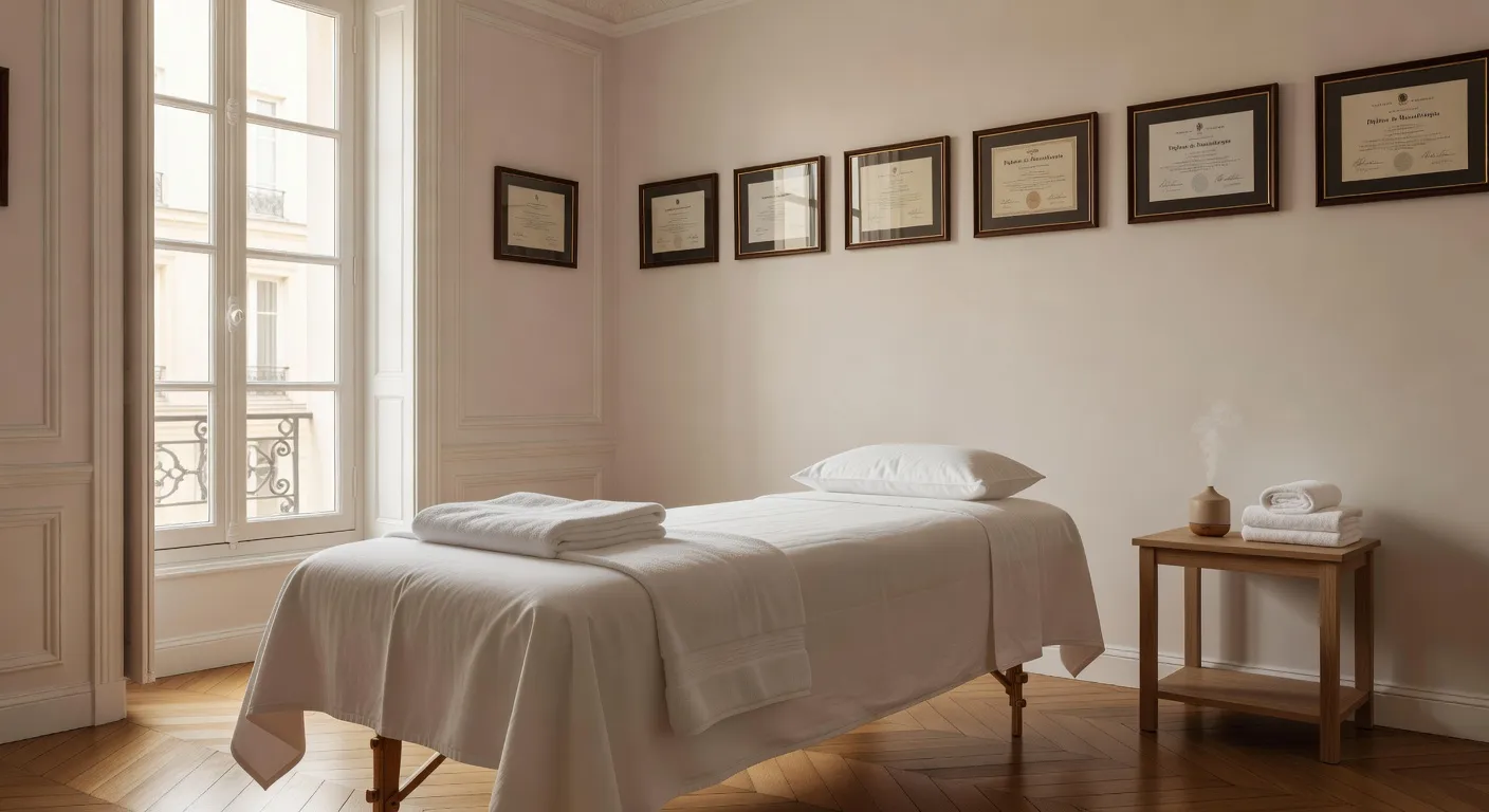 Intérieur d'une cabine de massage parisienne bien tenue — table recouverte de draps blancs impeccables, lumière tamisée, bougies et huiles rangées avec soin