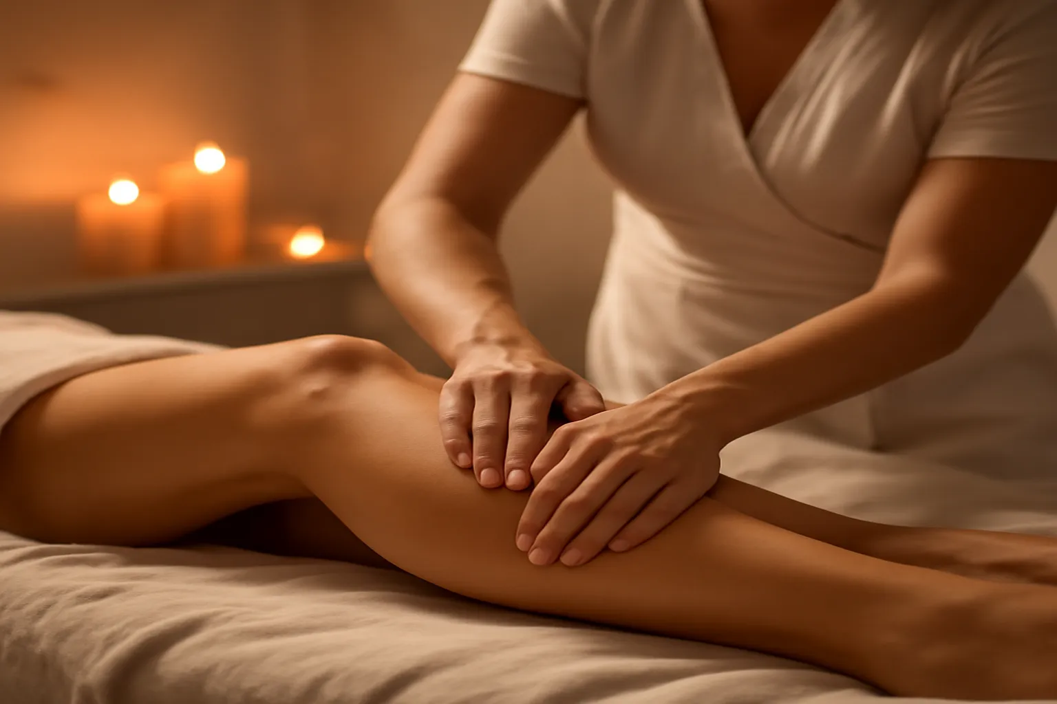 Praticien effectuant un drainage lymphatique sur les jambes selon la méthode Vodder