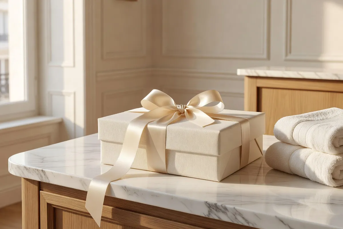 Coffret cadeau massage présenté dans un institut de bien-être à Paris