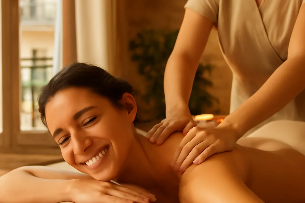 Cliente utilisant un coffret cadeau massage dans un spa parisien