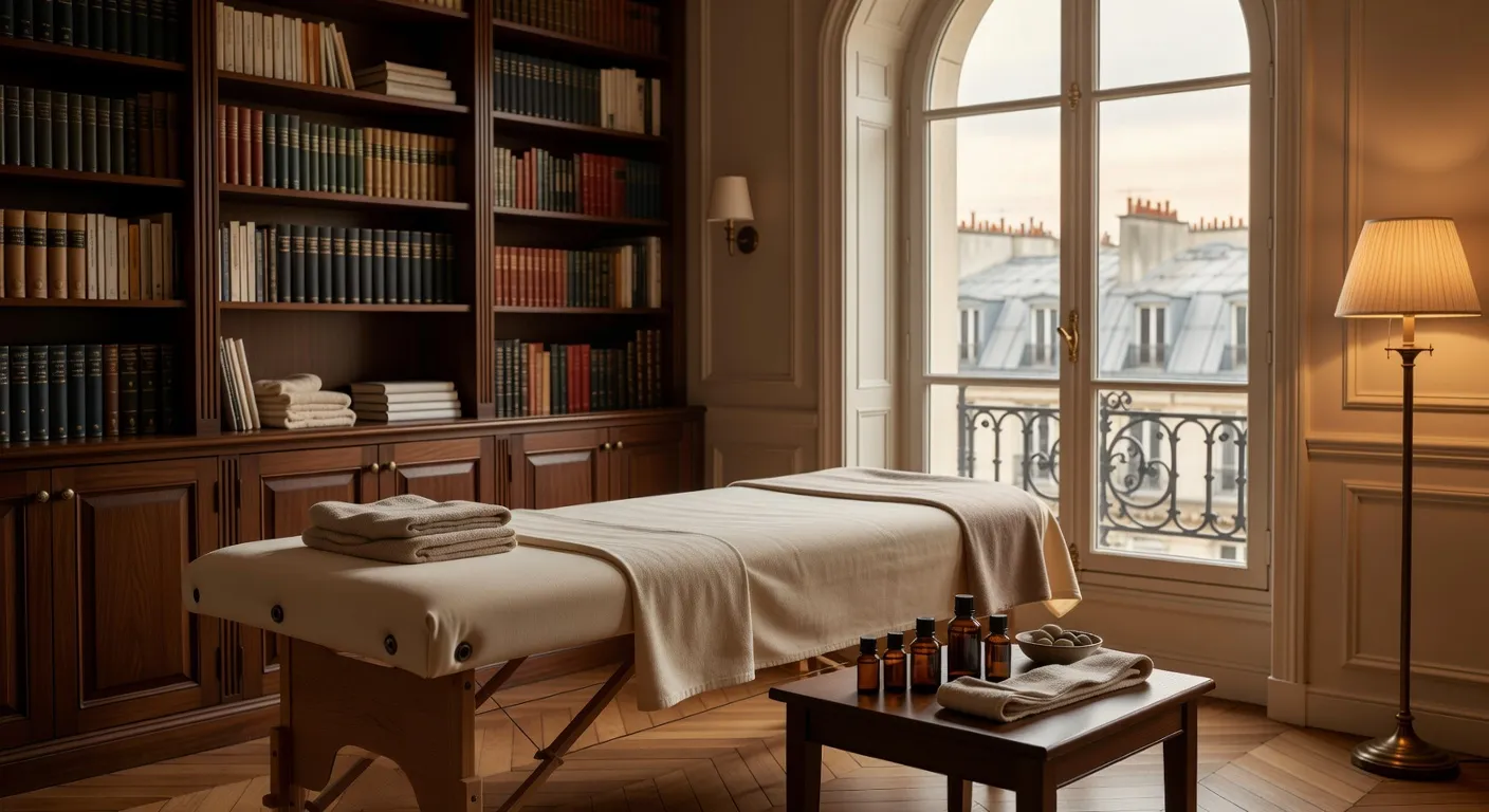 Isabelle dans son cabinet du 11e arrondissement, les mains posées sur la table de massage