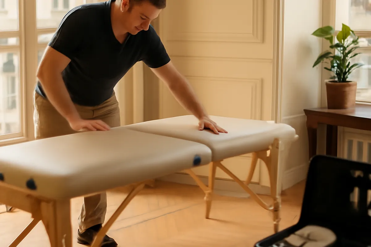 Praticien installant une table de massage pliante à domicile à Paris