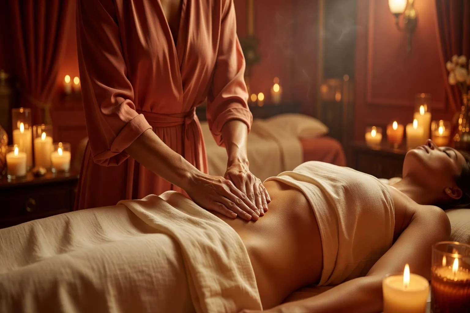 Praticien effectuant un Chi Nei Tsang sur la zone abdominale haute