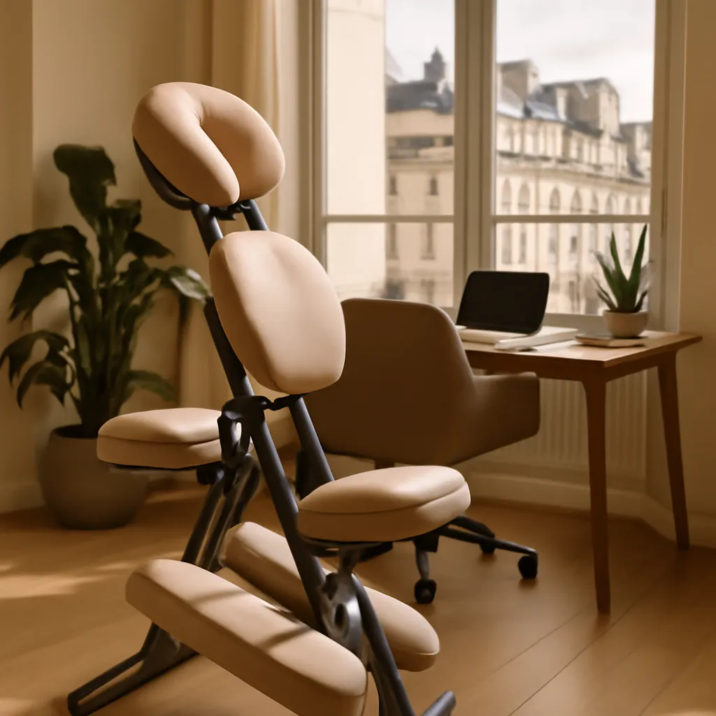 Praticien réalisant un massage Amma sur chaise dans un open space d'entreprise parisienne