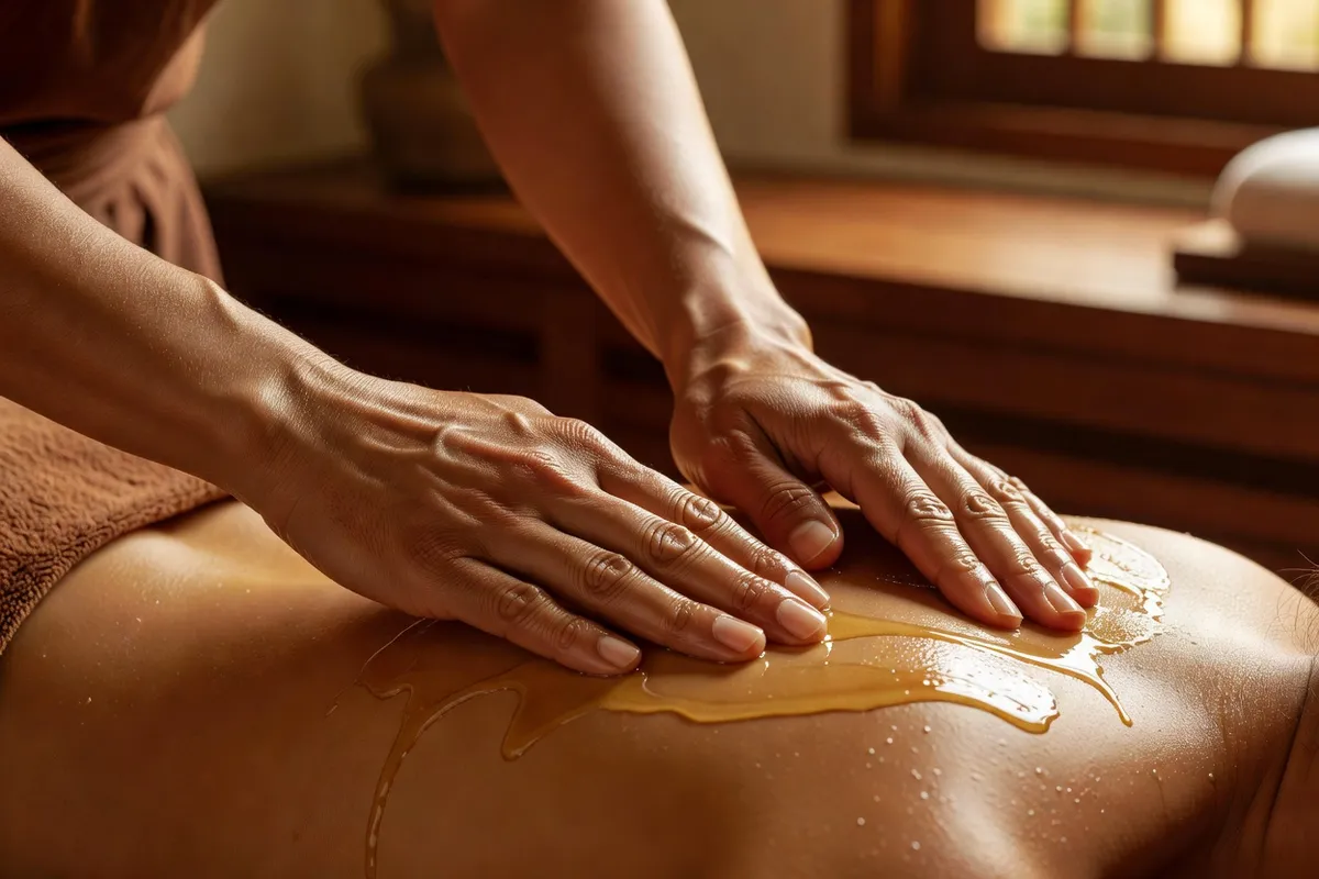 Application d'huile chaude parfumée lors d'un massage balinais