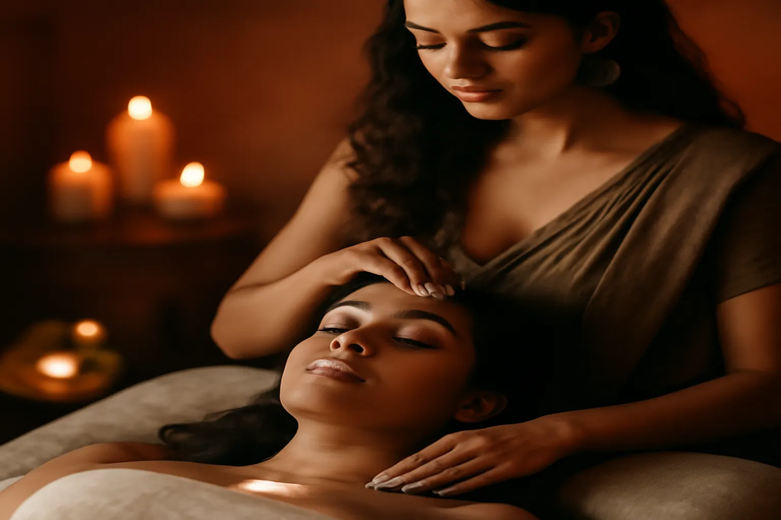 La table de massage et l'espace rituel d'une séance cachemirien, avec huile chaude et lumière tamisée