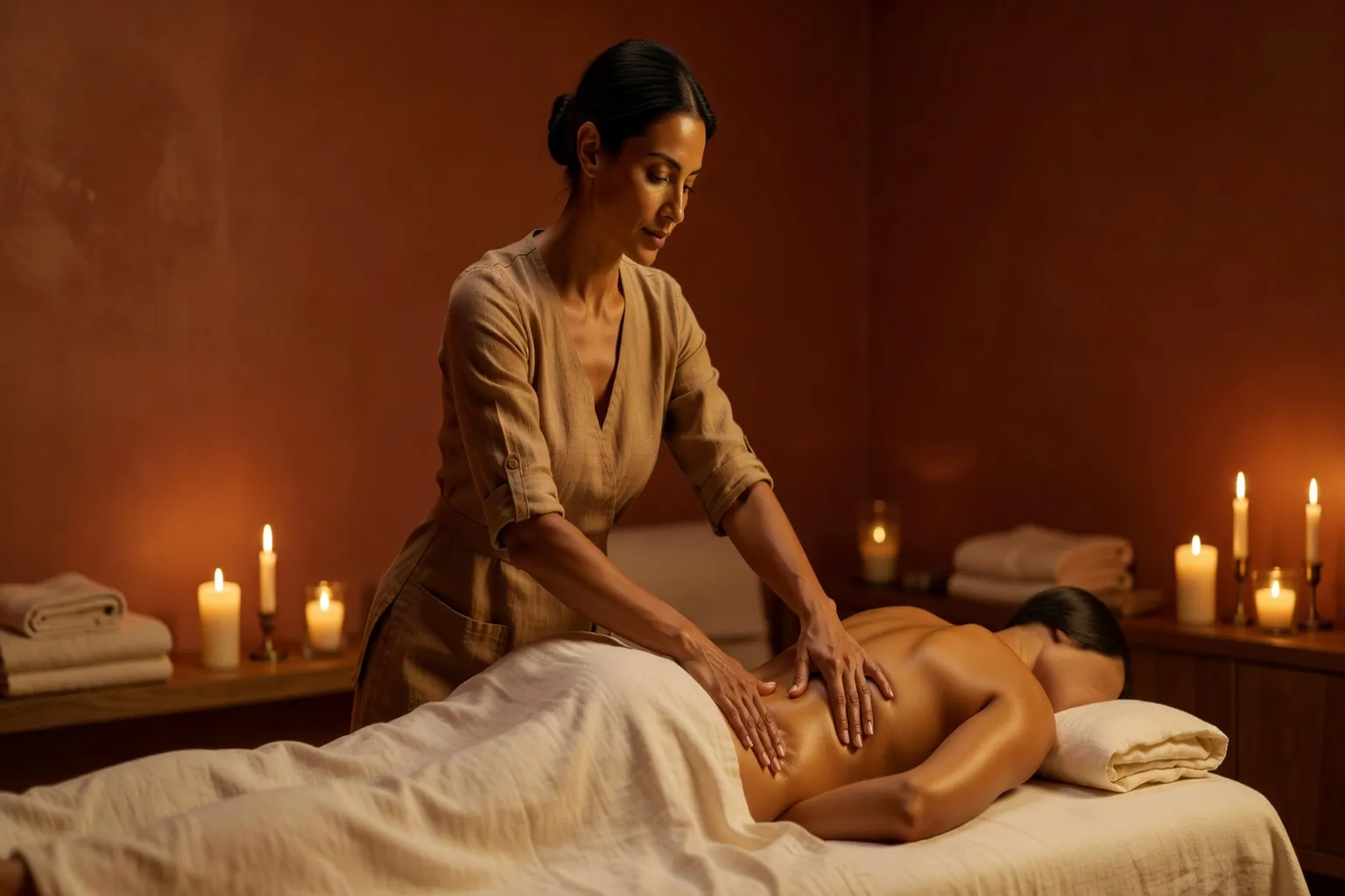 L'atmosphère d'une séance de massage californien : table, bougies, drap blanc et présence apaisante