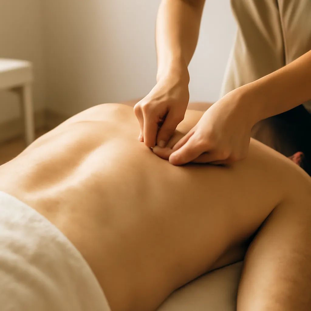 Deux tables de massage préparées côte à côte — l'une avec des draps beiges et des huiles légères (californien), l'autre avec des accessoires de physiothérapie (suédois)
