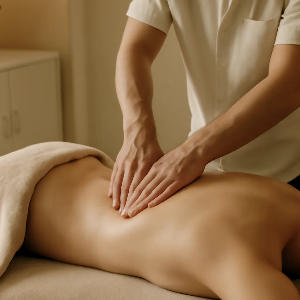 Praticien effectuant un pétrissage profond des muscles paravertébraux sur un patient allongé — technique centrale du massage thérapeutique dorsal