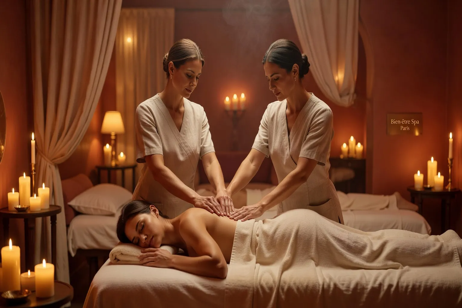 Deux partenaires recevant simultanément un massage en cabine double dans un spa parisien