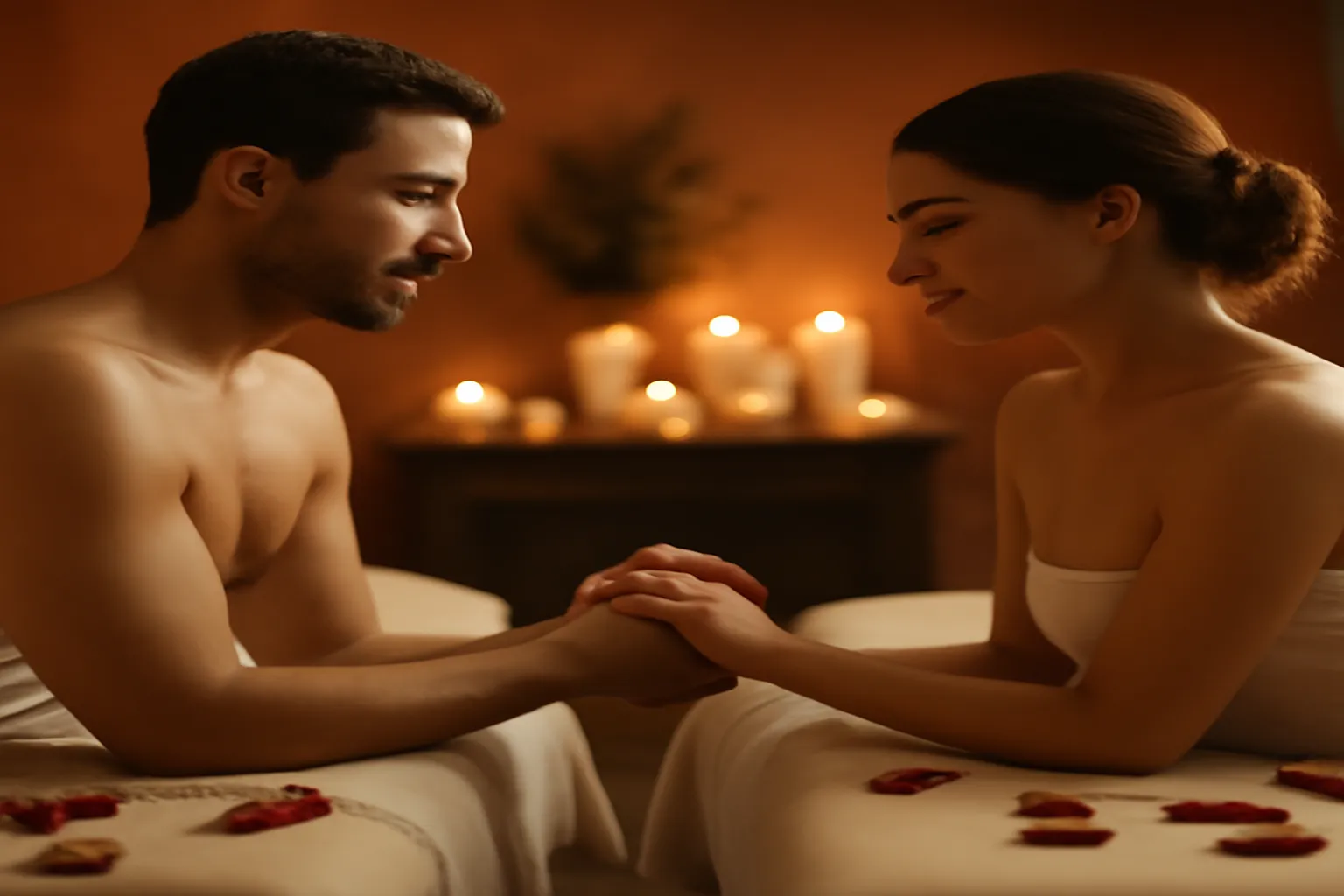 Espace spa privatisé avec bain et tables de massage côte à côte pour un rituel en couple à Paris