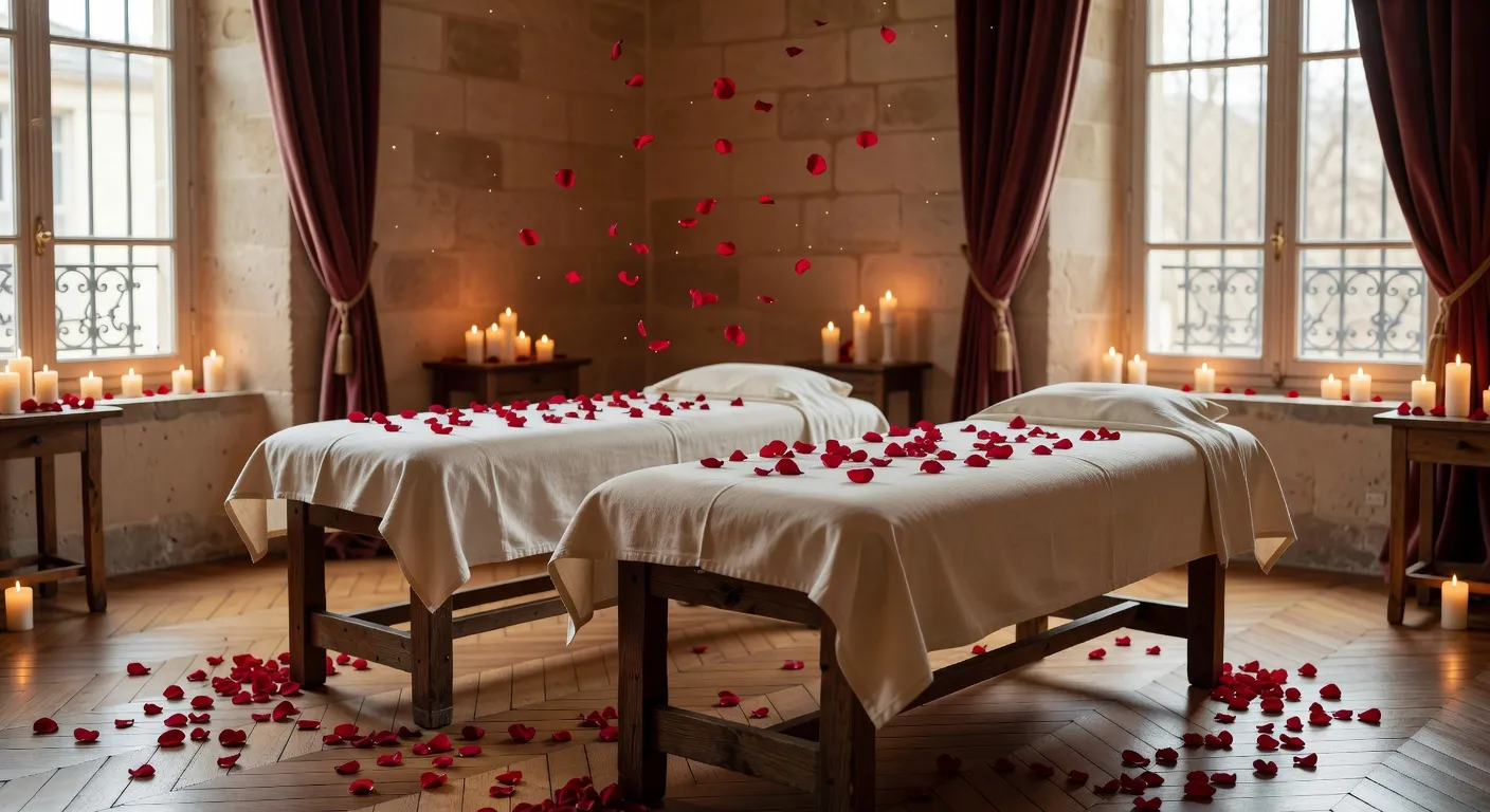 Deux partenaires allongés côte à côte sur des tables de massage en cabine double, dans une lumière dorée et apaisante