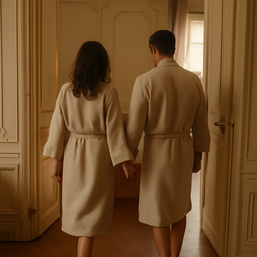 Mains entrecroisées de deux partenaires posées sur un drap de massage blanc — symbole de complicité sensorielle partagée