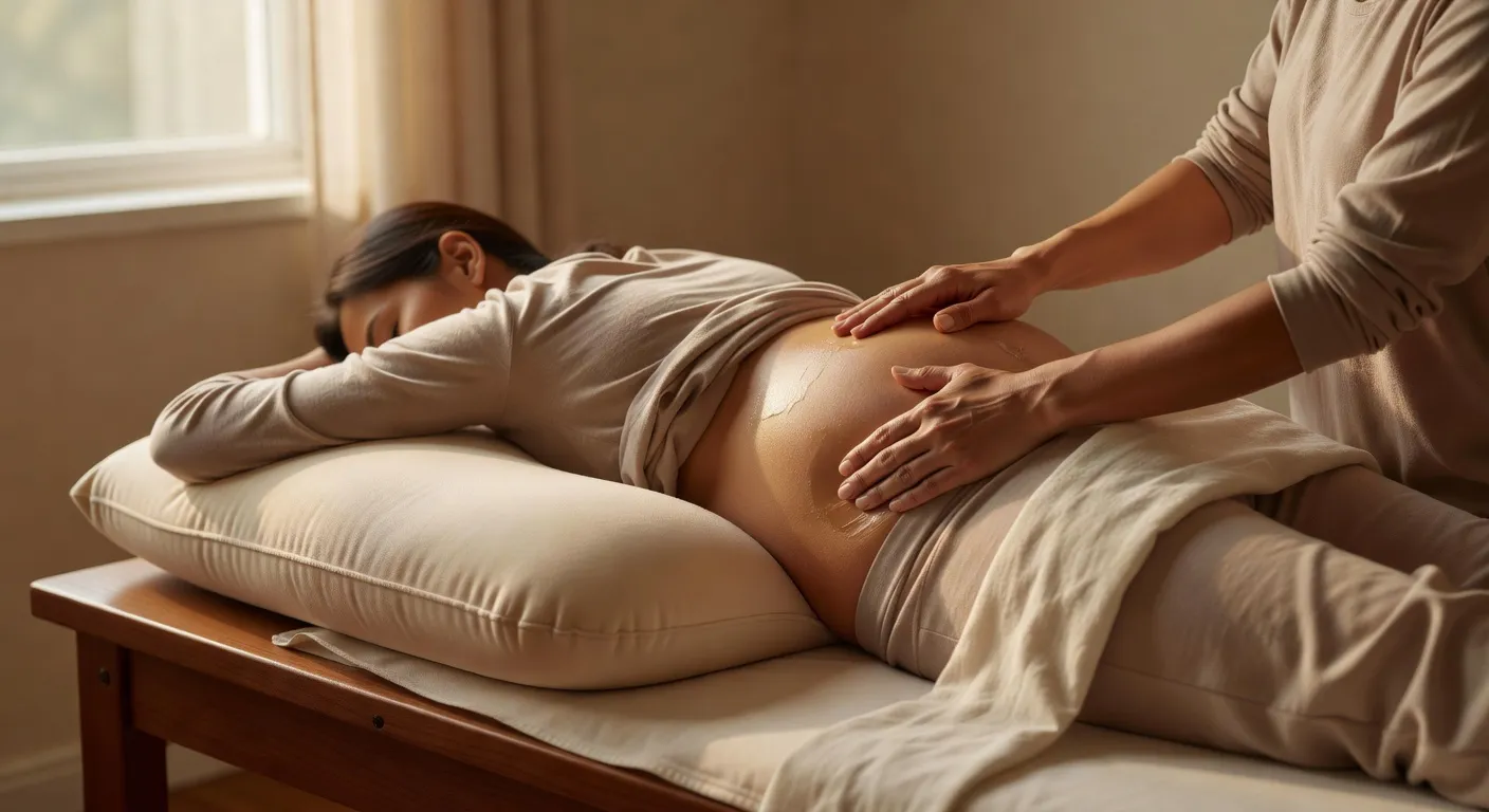 Praticienne spécialisée effectuant un massage prénatal sur une femme enceinte positionnée sur le côté, soutenue par des coussins