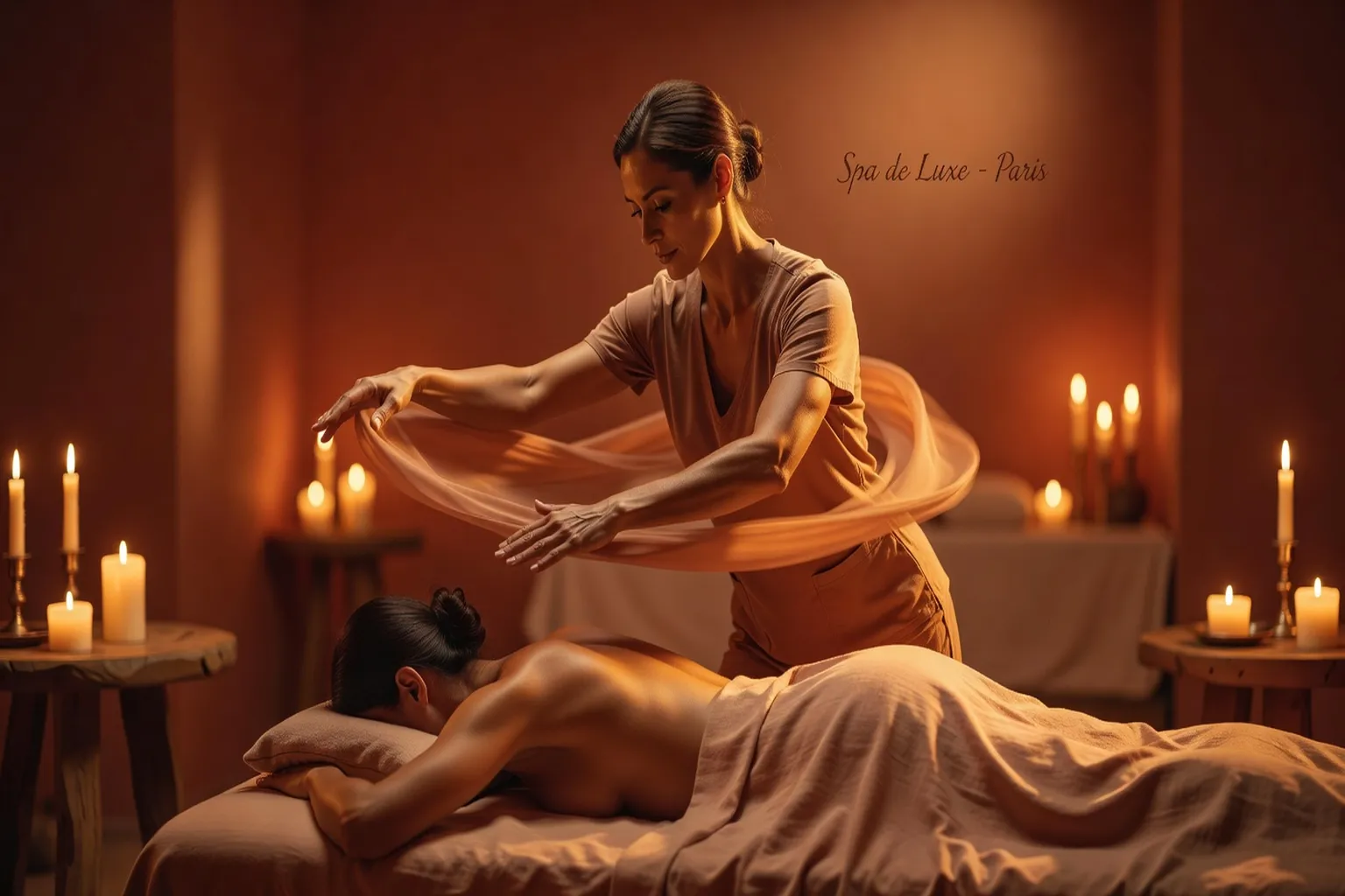 Séance de Lomi-Lomi vue de dessus, praticienne en mouvement autour de la table