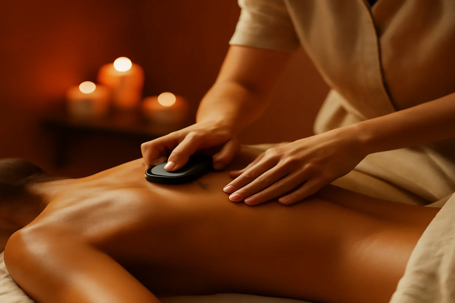 Praticien effectuant un glissement de pierre chaude le long du dos dans un protocole de massage complet
