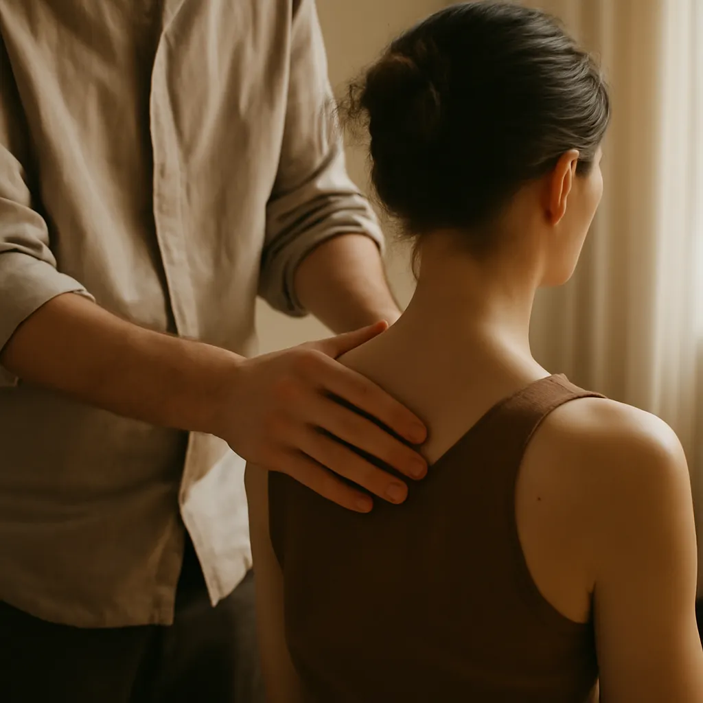 Marc Fontaine positionnant ses mains sur les épaules d'un receveur lors d'une séance de massage sensitif