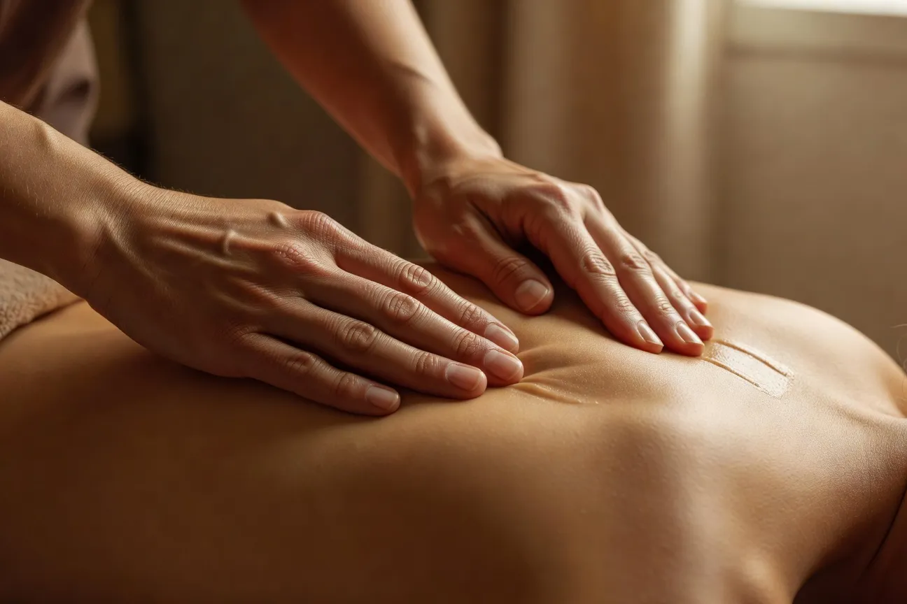 Vue détaillée des mains du praticien lors d'un effleurage lent sur le dos — technique centrale du massage sensitif