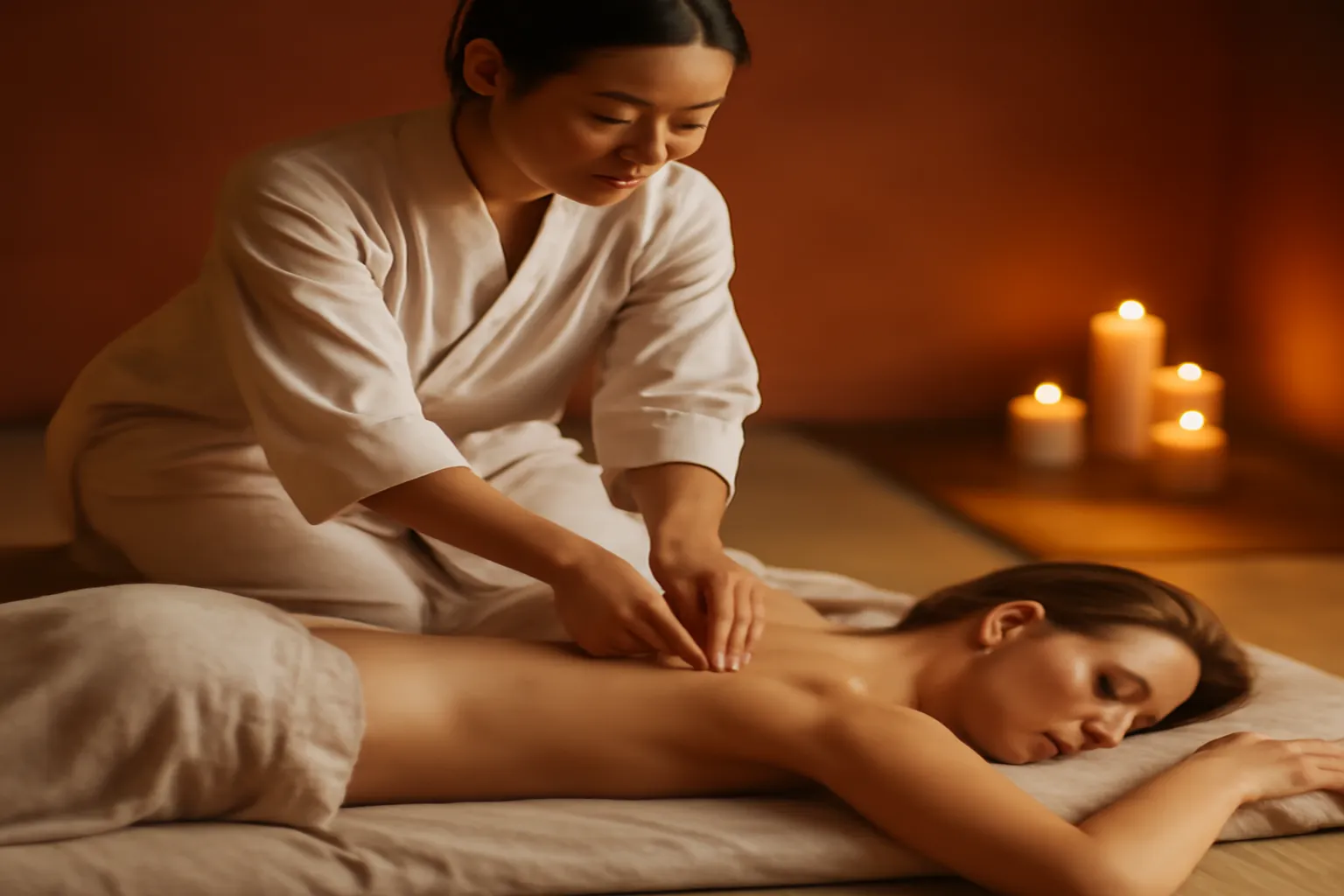 Praticien exerçant des pressions sur les méridiens du dos lors d'une séance de shiatsu