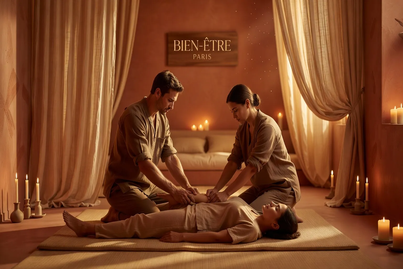 Séance de shiatsu en position latérale, étirements des méridiens des jambes