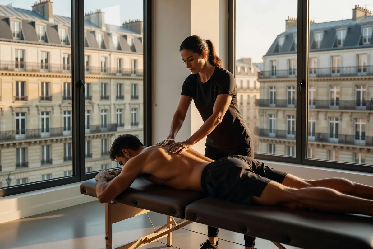 Coureur recevant un massage de récupération après une séance d'entraînement à Paris
