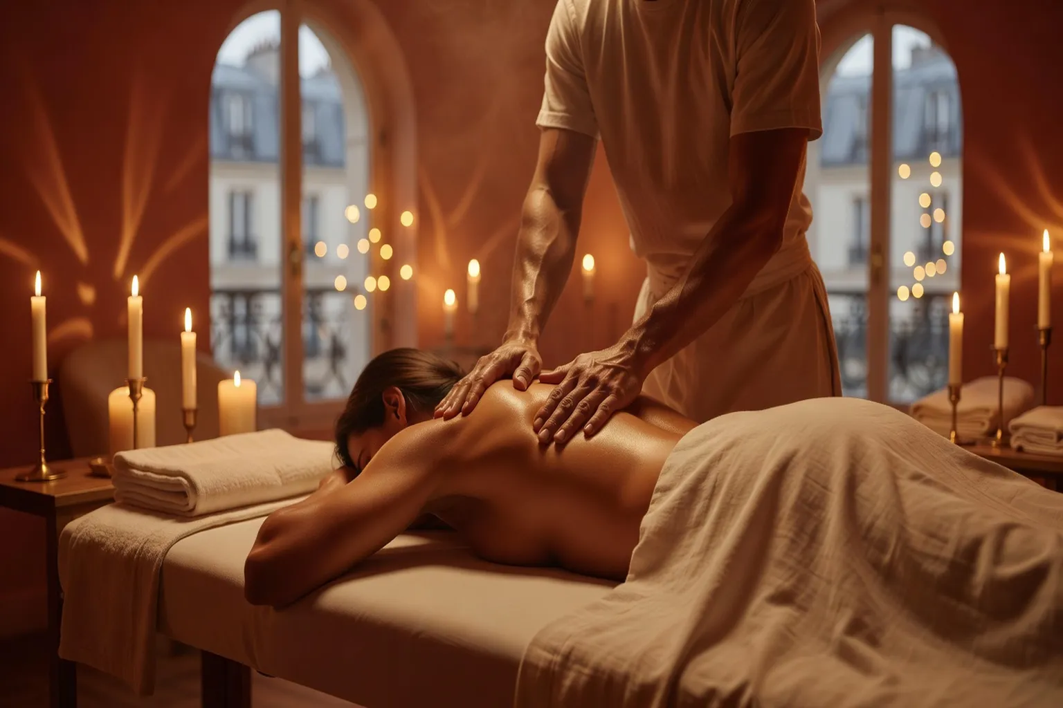 Praticien effectuant un pétrissage profond sur les épaules lors d'un massage suédois