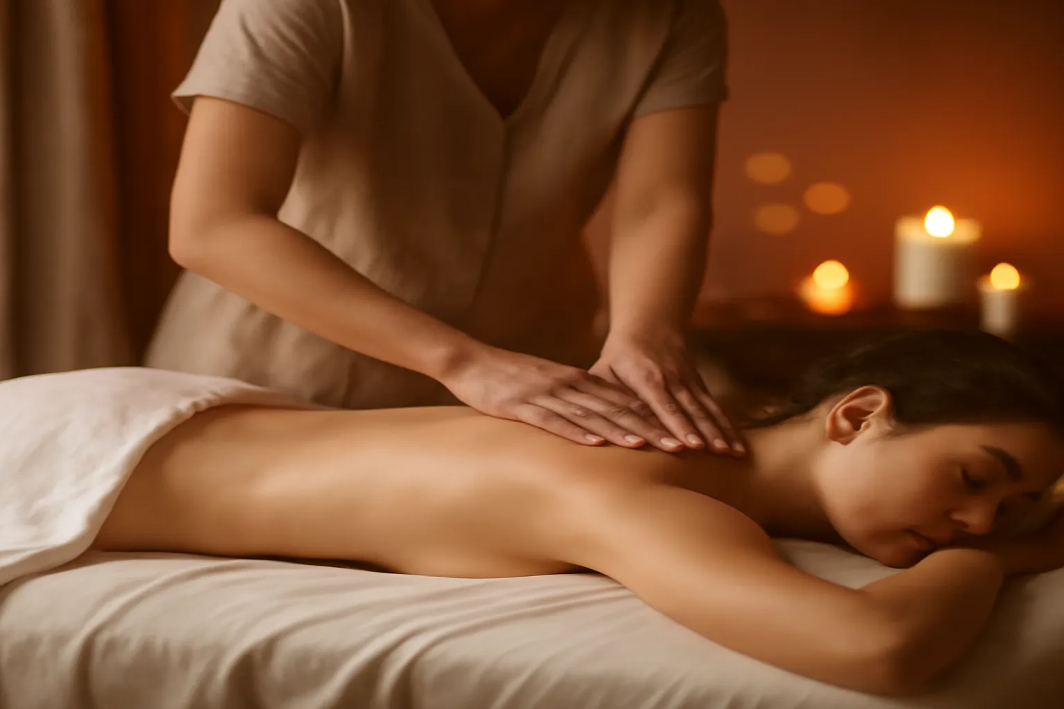 Vue en plongée d'une séance de massage suédois, effleurage sur le dos