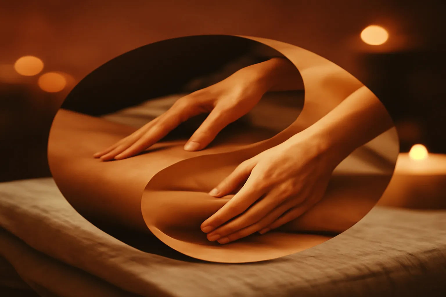 Séance de massage taoïste : les mains du praticien suivent les méridiens avec lenteur