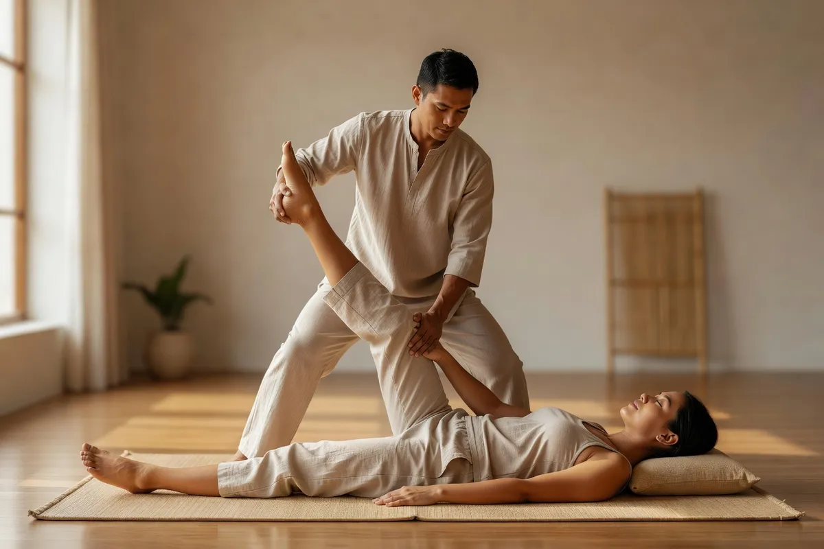 Praticien réalisant un étirement assisté lors d'un massage thaïlandais